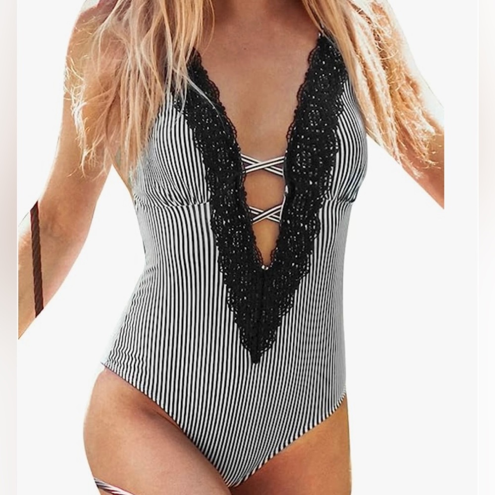 Cupshe black and white striped deep V one piece bathing suit